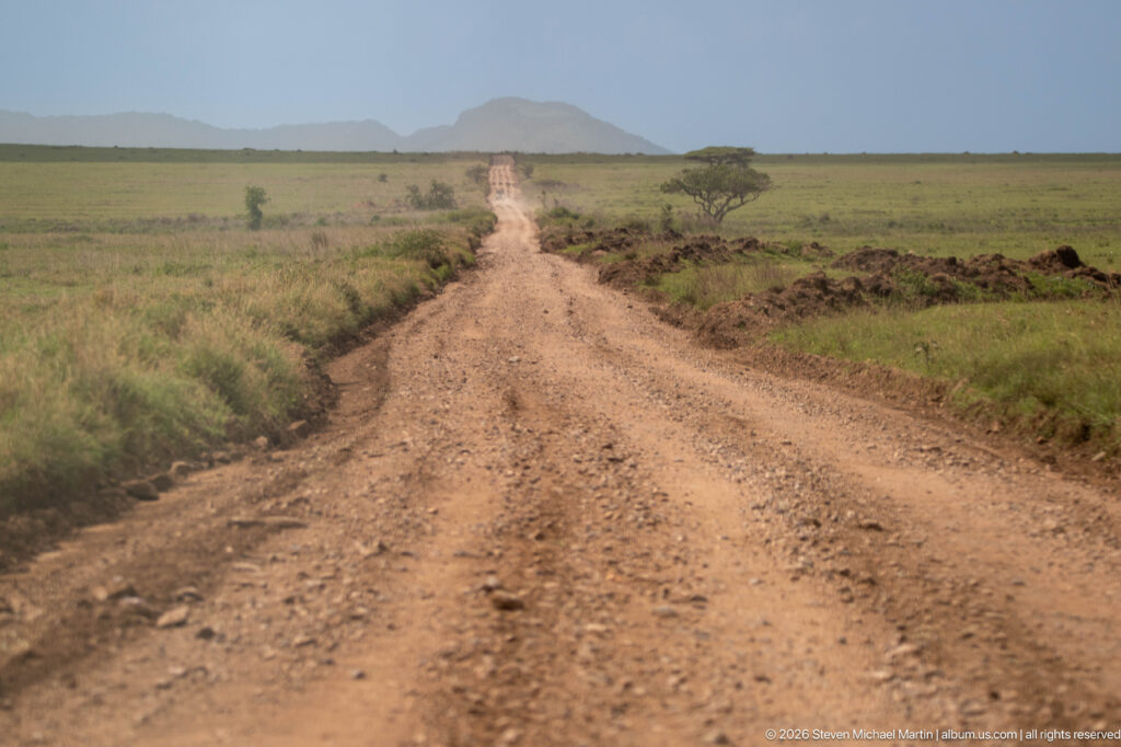 Rocky dirt safari road stretching across open Serengeti grassland toward a distant low hill.