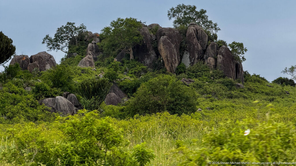 Cluster of tall rounded kopje rocks rising from dense green shrubs and scattered trees.
