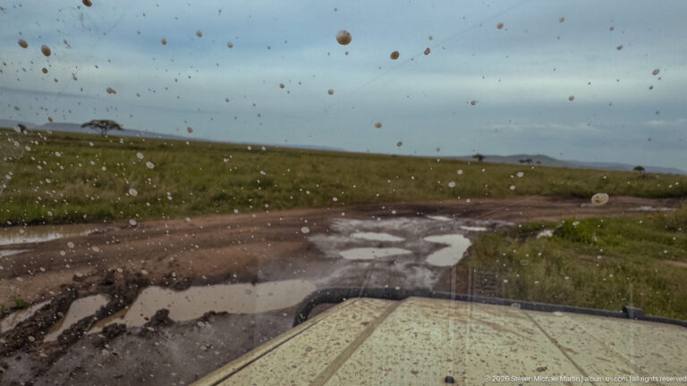 Muddy windshield overlooking a flooded, deeply rutted safari track curving through open grassland.