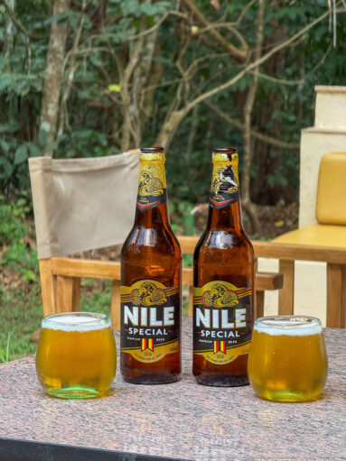 Two Nile Special beer bottles with glasses of golden beer on an outdoor table beside forest vegetation.