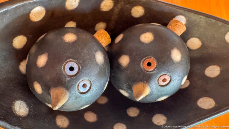 Two spotted, bird-shaped condiment vessels with small beaks resting on a matching dark tray.