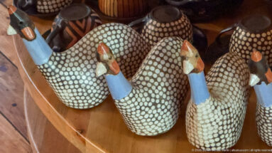 Painted bird sculptures with black-and-white spotted bodies, blue necks, and red facial details in a wooden display.