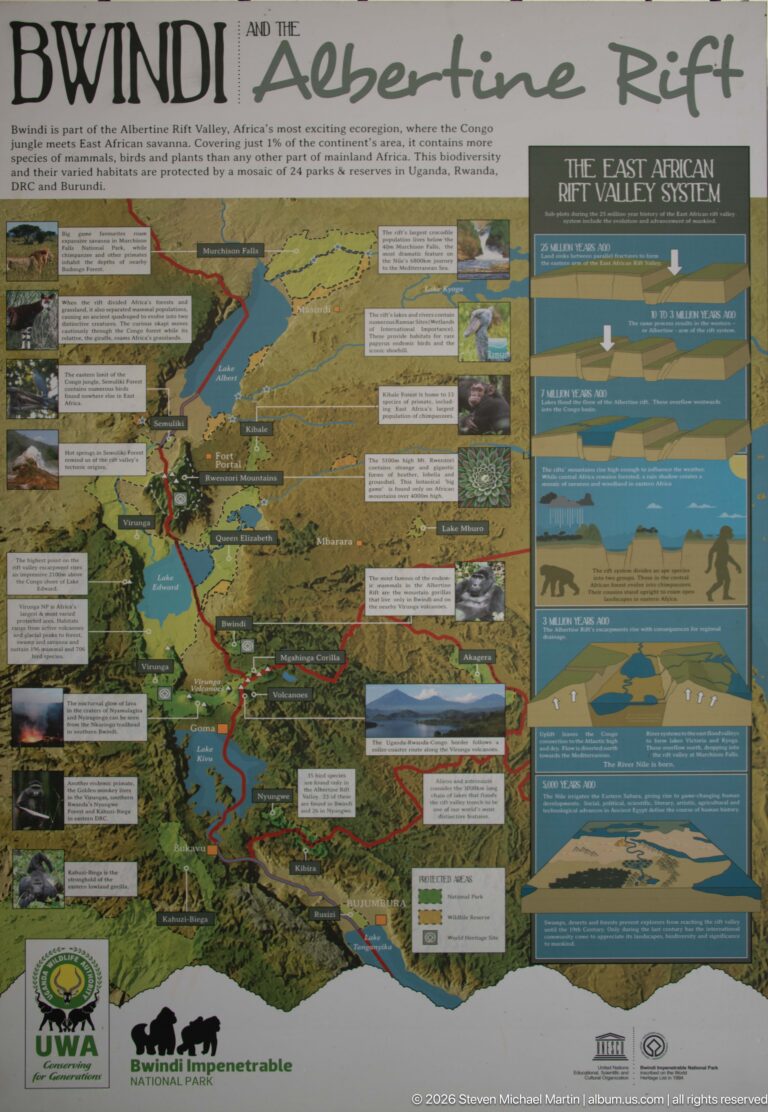 Albertine Rift interpretive panel with a regional map, photographs and diagrams of the East African Rift Valley system.