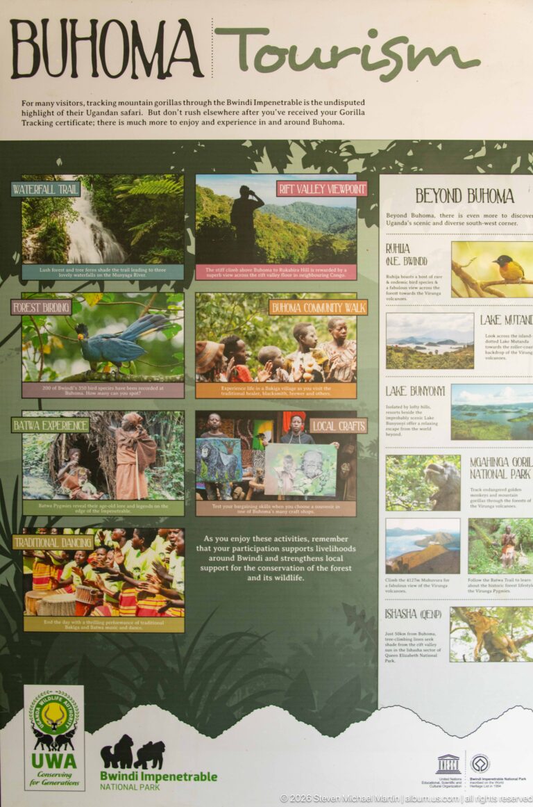 Bwindi Tourism interpretive panel with small photographs of forest, wildlife, community activities and maps of regional destinations.