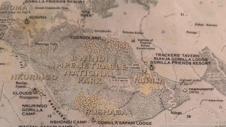 Visitor map of Bwindi Impenetrable National Park showing Rushaga, Ruhija and Nkuringo sectors with roads, forest and gorilla trekking facilities.