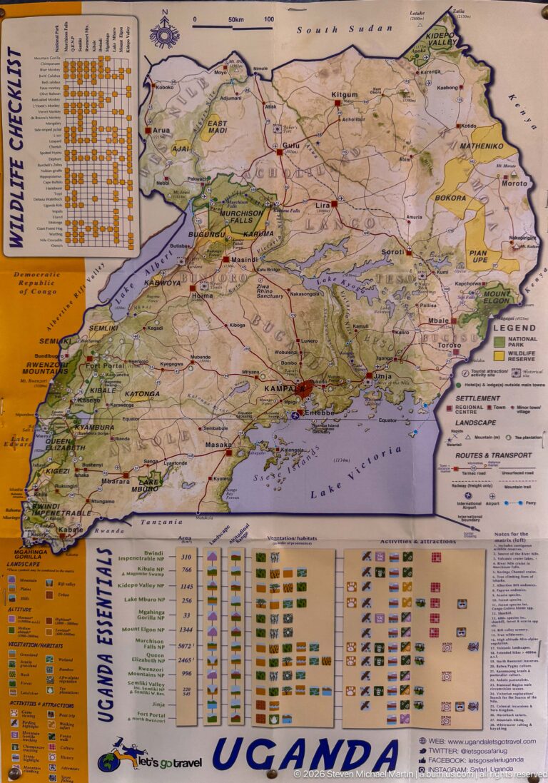 Tourism map of Uganda with roads, towns, lakes, protected areas and illustrated visitor symbols across the country.