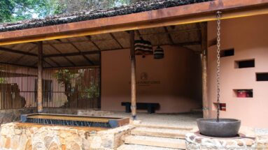 Covered lodge entrance with stone-faced water feature, hanging circular basin, timber supports and Gorilla Forest Lodge wall emblem.