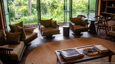 Upholstered chairs and low tables beside broad windows facing dense greenery, with books on a foreground table.
