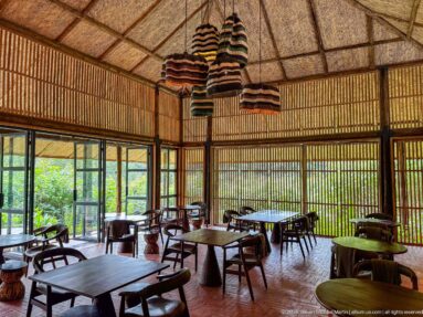 Wooden dining tables beneath striped pendant shades in a screened lodge room opening toward dense green vegetation.