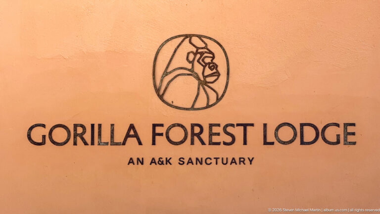 Black Gorilla Forest Lodge emblem and lettering with “AN A&K SANCTUARY” on a warm ochre wall.