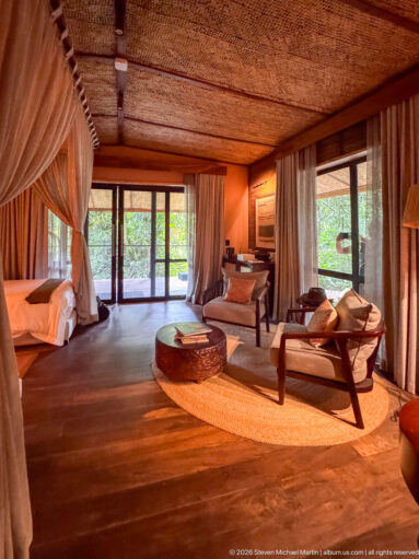 Wide guest suite with net-draped bed, lounge chairs, round table and large glass doors facing green forest.
