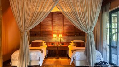 Two single beds with white linens and draped mosquito nets, separated by bedside tables and glowing lamps.