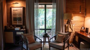 Two armchairs beside a tall glass door overlooking forest, with timber walls, desk and warm lamp light.