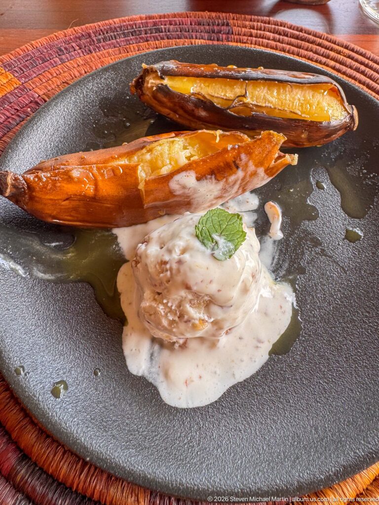 Two roasted plantain- or banana-like halves beside a creamy garnished accompaniment on a dark ceramic plate.
