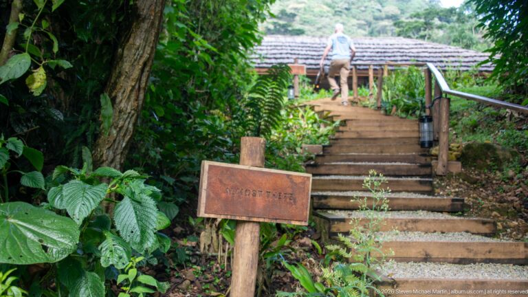 Outdoor steps with timber rails climb through dense greenery toward a lodge building, beside an “ALMOST THERE” sign.