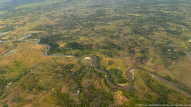 Meandering river crossing wetlands and patchwork farmland in an aerial view near Kihihi.