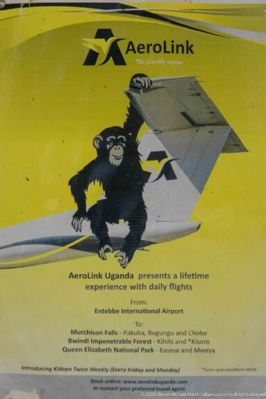 Yellow AeroLink Uganda advertisement with gorilla graphic, aircraft imagery and a list of regional flight destinations.
