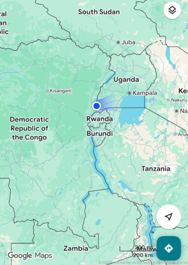 Digital map centered on southwestern Uganda with Rwanda, Democratic Republic of the Congo, Kampala, borders, and a blue location marker.