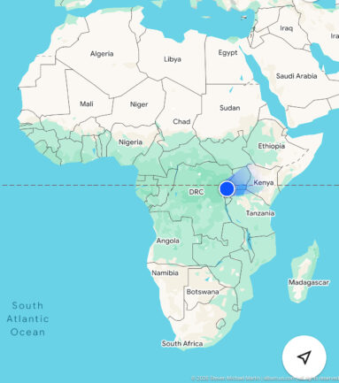 Digital map of Africa with a blue location marker in the Uganda-Rwanda-DRC region and surrounding countries labeled.