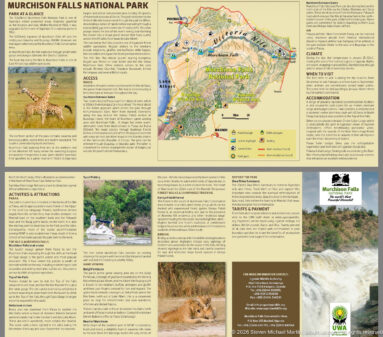 Large Murchison Falls National Park information panel with central map, wildlife photographs, text sections, and UWA branding.