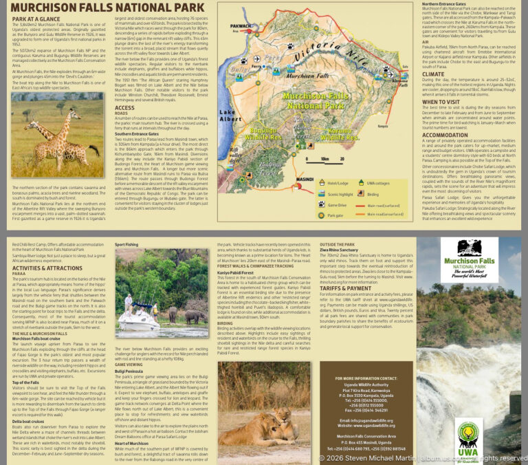 Large Murchison Falls National Park information panel with central map, wildlife photographs, text sections, and UWA branding.