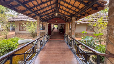 Raised wooden walkway with black railings under a thatched canopy, linking round lodge buildings amid vegetation.