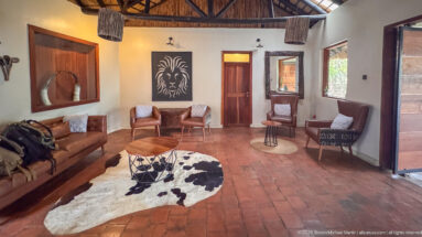 Sitting room with leather seating, round table, black-and-white hide rug, terracotta floor, and stylized lion artwork.
