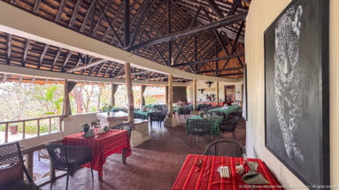 Open-air dining area with red-striped tablecloths, dark chairs, exposed roof trusses, and a large leopard portrait.