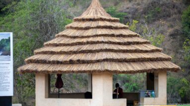 Small open visitor kiosk with a steep tiered thatched roof beside an interpretive panel at Murchison Falls.