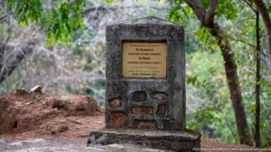 Tall stone commemorative monument with a brass plaque standing beneath trees near Murchison Falls.
