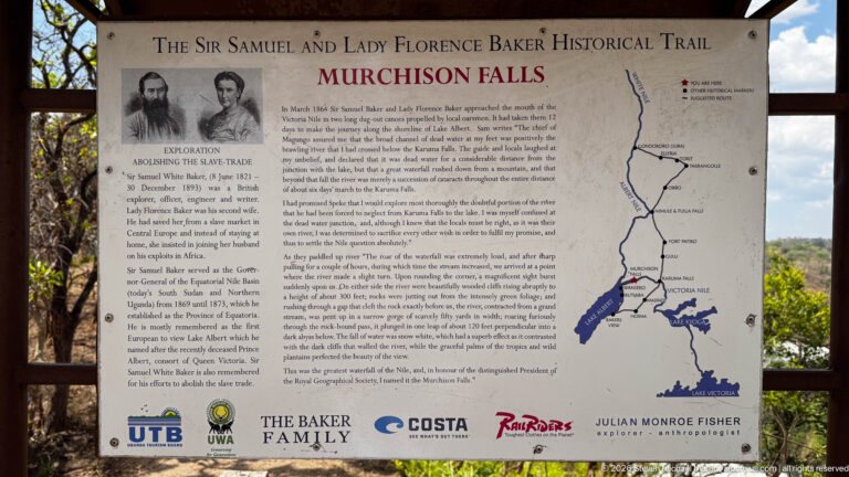 Interpretive panel titled “Sir Samuel and Lady Florence Baker Historical Trail — Murchison Falls,” with text, images, and map.