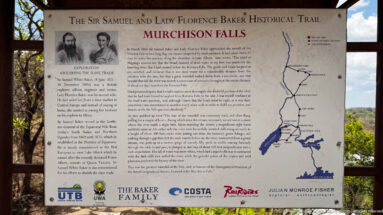 Interpretive panel titled “Sir Samuel and Lady Florence Baker Historical Trail — Murchison Falls,” with text, images, and map.