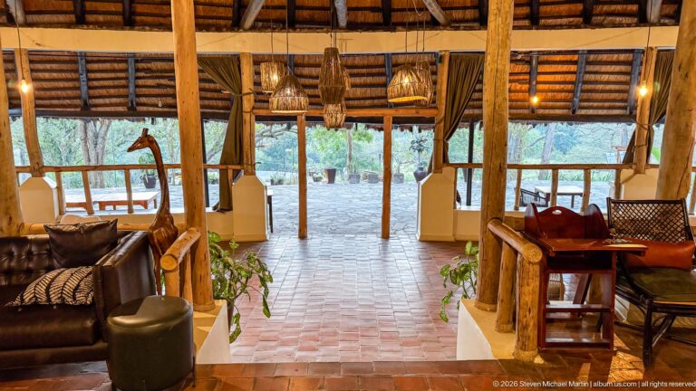 Open-air lodge lounge with leather seating, timber posts, hanging lamps, brick floor, and woodland beyond.