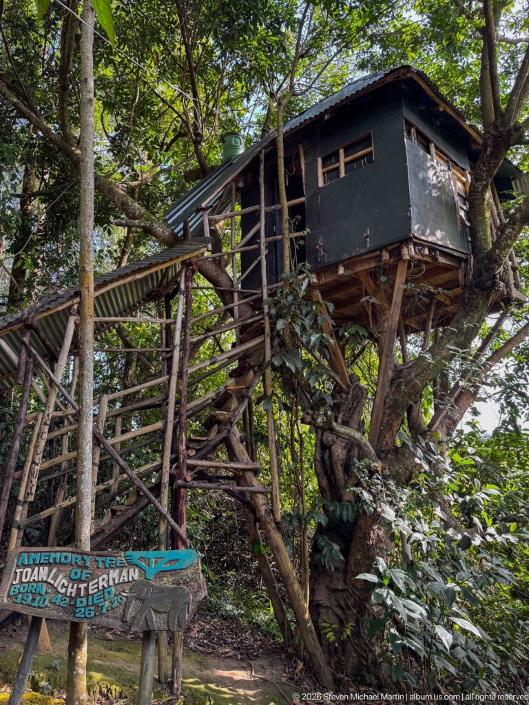Elevated dark wooden structure and staircase among trees, with a painted memorial sign at ground level in the foreground.
