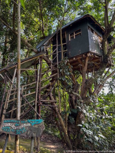 Elevated dark wooden structure and staircase among trees, with a painted memorial sign at ground level in the foreground.