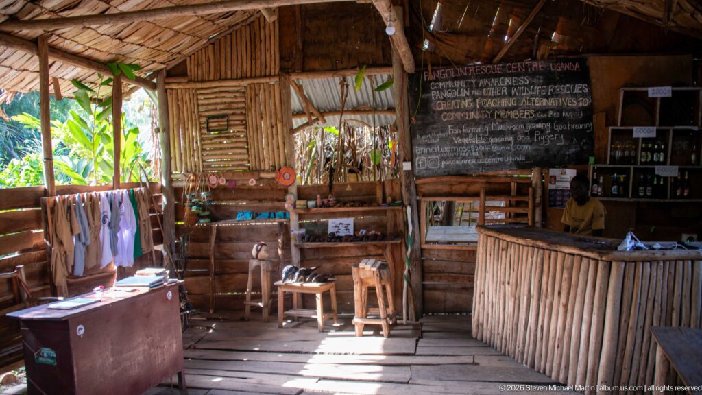 Rustic bamboo-and-timber rescue center interior with wooden stools, a counter, and a large conservation chalkboard at the rear.