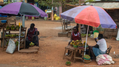 Women seated at small fruit stands under colorful umbrellas on a dusty roadside, with produce arranged on tables and the ground.