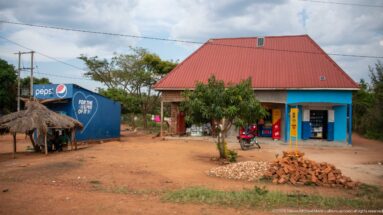 Blue Pepsi-branded roadside shop beside a red-roofed store, parked motorcycle, and small thatched shelter.