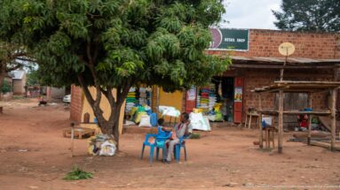 Brick neighborhood shop under a large mango tree with stacked goods, sacks, containers, and two people seated outside.