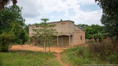Unfinished masonry house with exposed brick side wall, pale façade, red-earth footpath, grass, and surrounding trees.