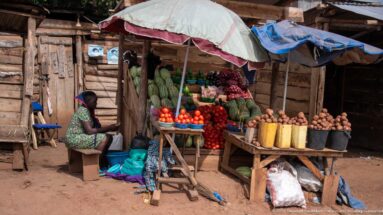 Seated vendor beside a small roadside produce stall displaying tomatoes, onions, melons, and other vegetables under an umbrella.