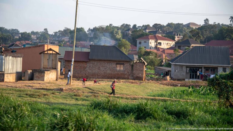 Grassy neighborhood with brick and metal-roofed homes, a footpath, utility poles, and people walking between houses.