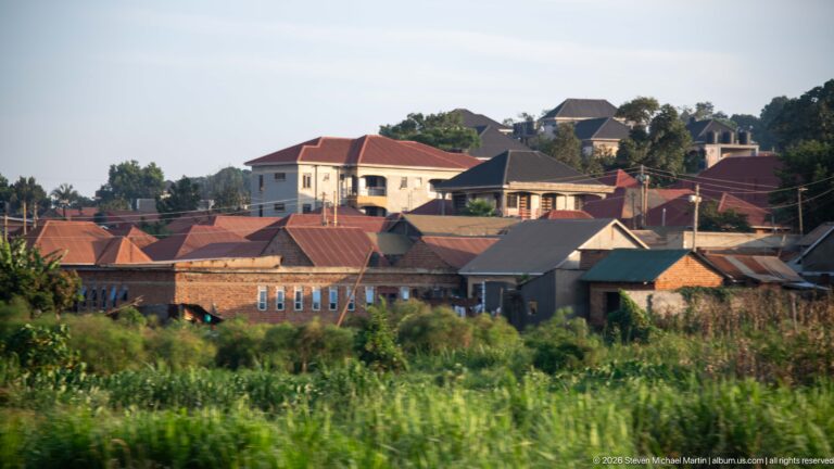 Green cultivated field in the foreground with clustered low-rise homes and trees behind it in a Ugandan town.