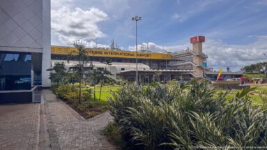 Landscaped walkway and ornamental planting leading toward the signed terminal of Entebbe International Airport.