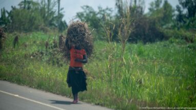 Woman in an orange shirt carrying a towering bundle of dried grasses or reeds along a paved roadside.