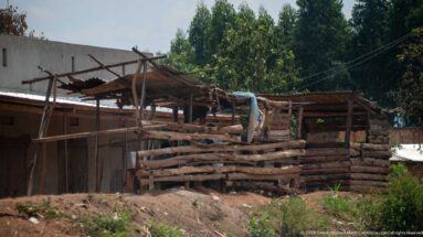 Rough roadside enclosure built from stacked logs and irregular poles with a partly covered roof frame beside simple buildings.