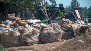 Large bulging sacks of mixed plastic waste lined along a rough roadside yard with metal frames and loose recyclables behind.