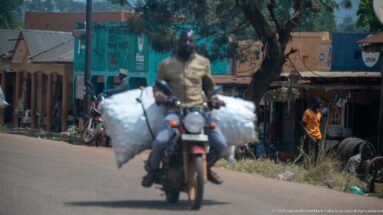 Motorcyclist approaching with two huge white sacks strapped across the rear of the bike beside roadside shops.