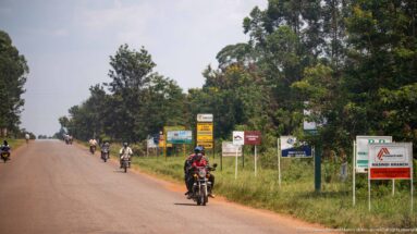 Motorcyclists riding along a broad paved road beside a row of business signs and mature roadside trees.
