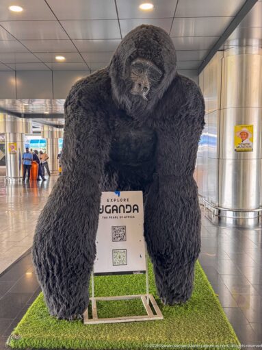 Large crouching gorilla sculpture over an Explore Uganda sign with QR codes inside a modern airport terminal.